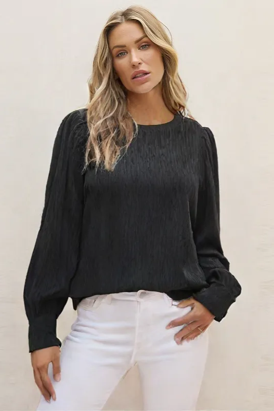Women’s Puff Sleeve Ribbed T-Shirt – Slim Fit Round Neck Pleated Top