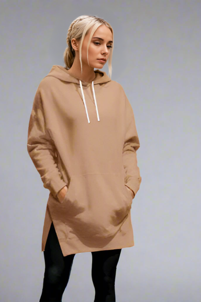 Women’s Split Shoulder Brushed Hoodie – Comfy Solid Color Pullover with Hood