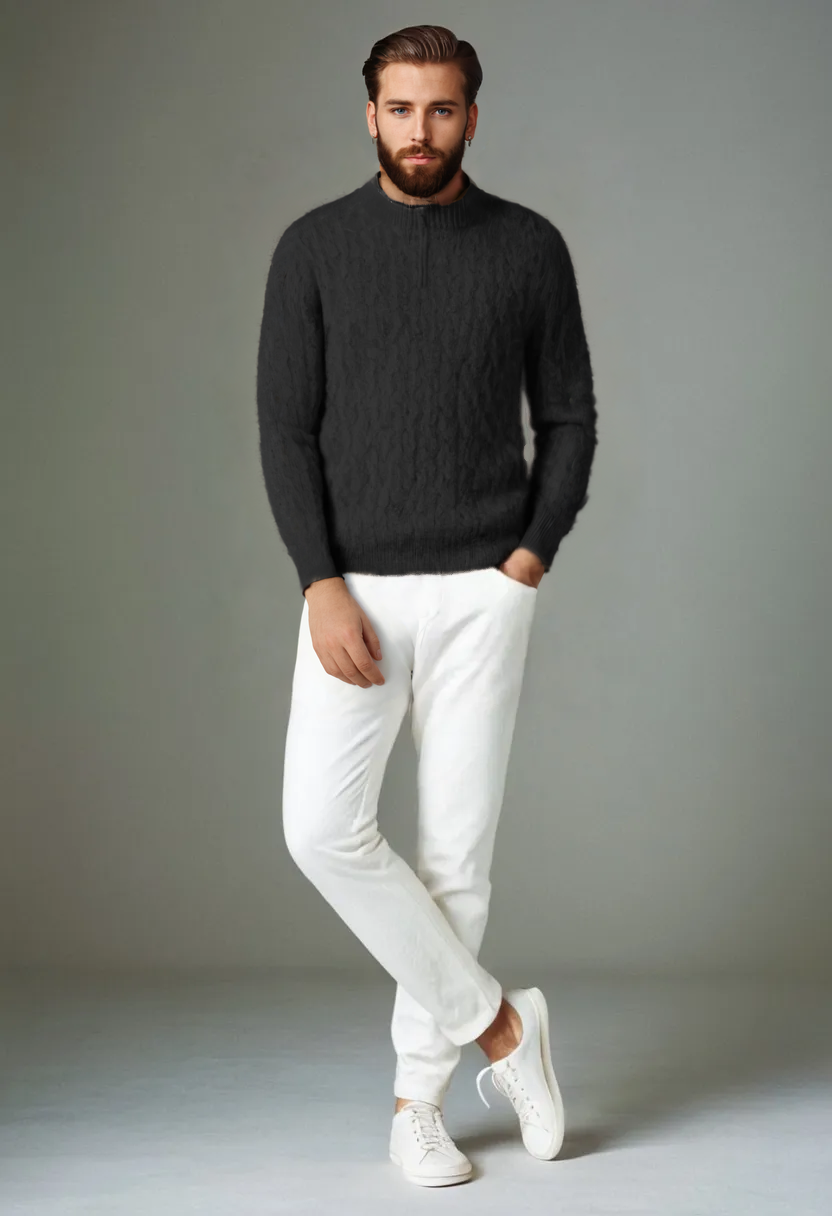 Men’s Pure Wool Half-High Collar Sweater – Thickened Loose-Fit Pullover