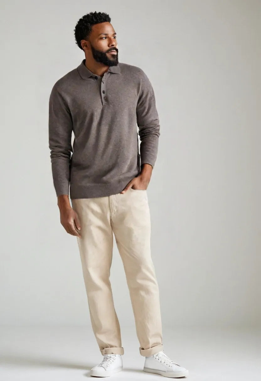Men’s V-Neck Button Polo – Long Sleeve Casual Autumn Shirt