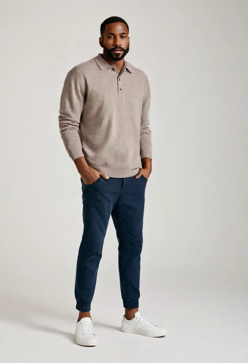 Men’s V-Neck Button Polo – Long Sleeve Casual Autumn Shirt