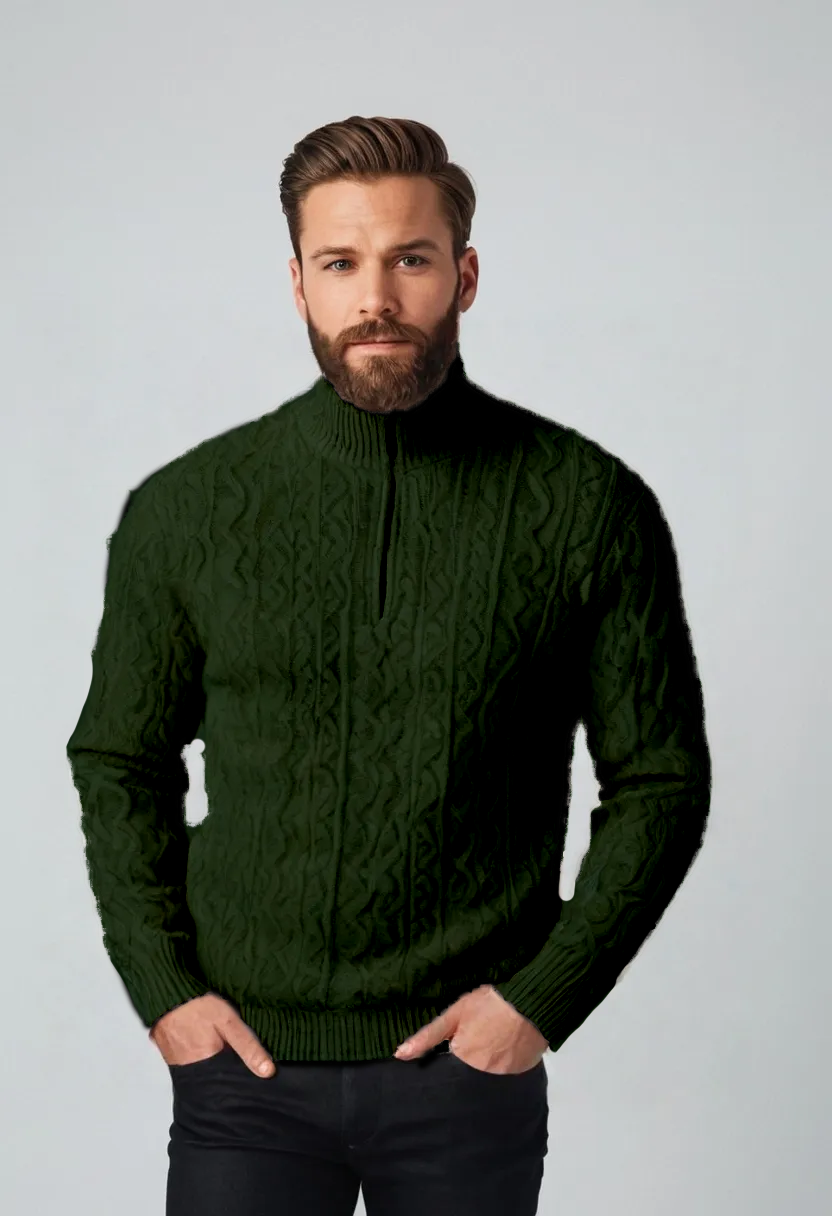 Men’s Half-Zip Cable Knit Sweater – Thickened Pullover