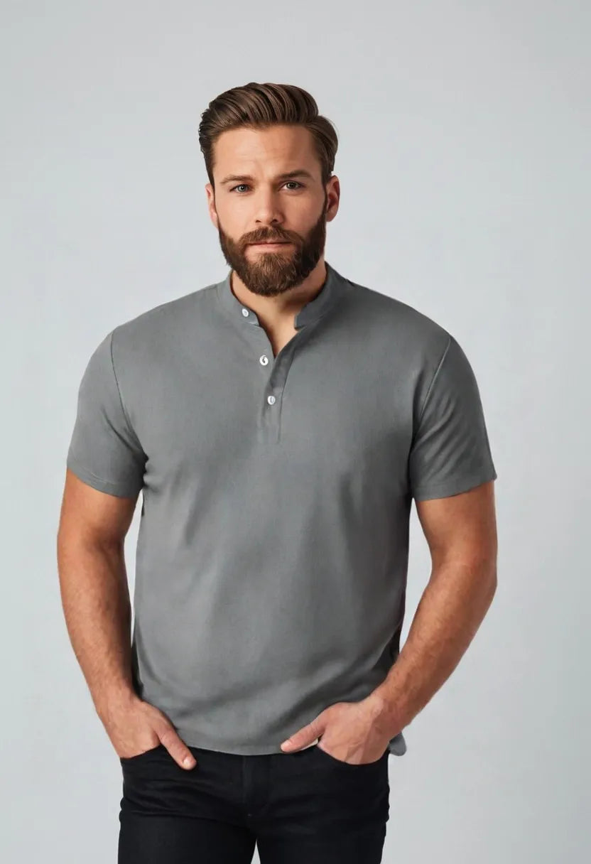 Men’s Linen Short Sleeve Shirt – Stand Collar Solid Color Pullover