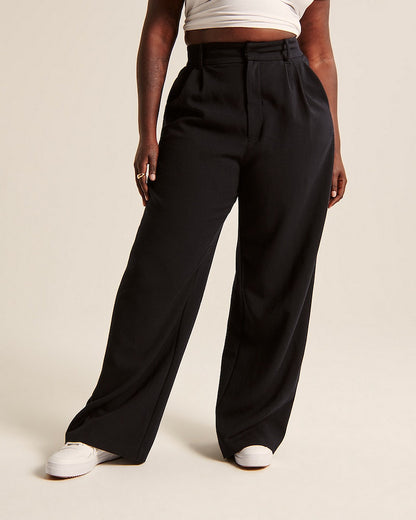 Women’s High Waist Wide-Leg Trousers with Pockets – Elegant Straight-Cut Casual Pants