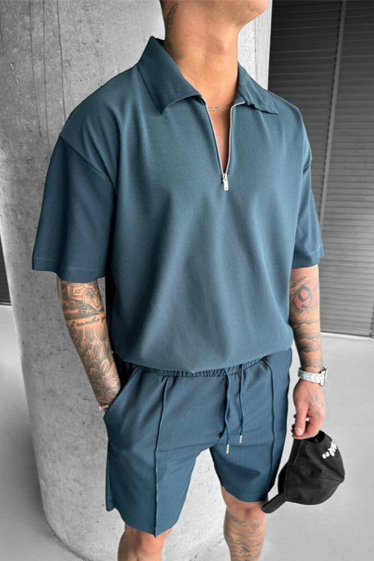 Men’s Summer Polo Zip-Up Shirt & Drawstring Shorts Set