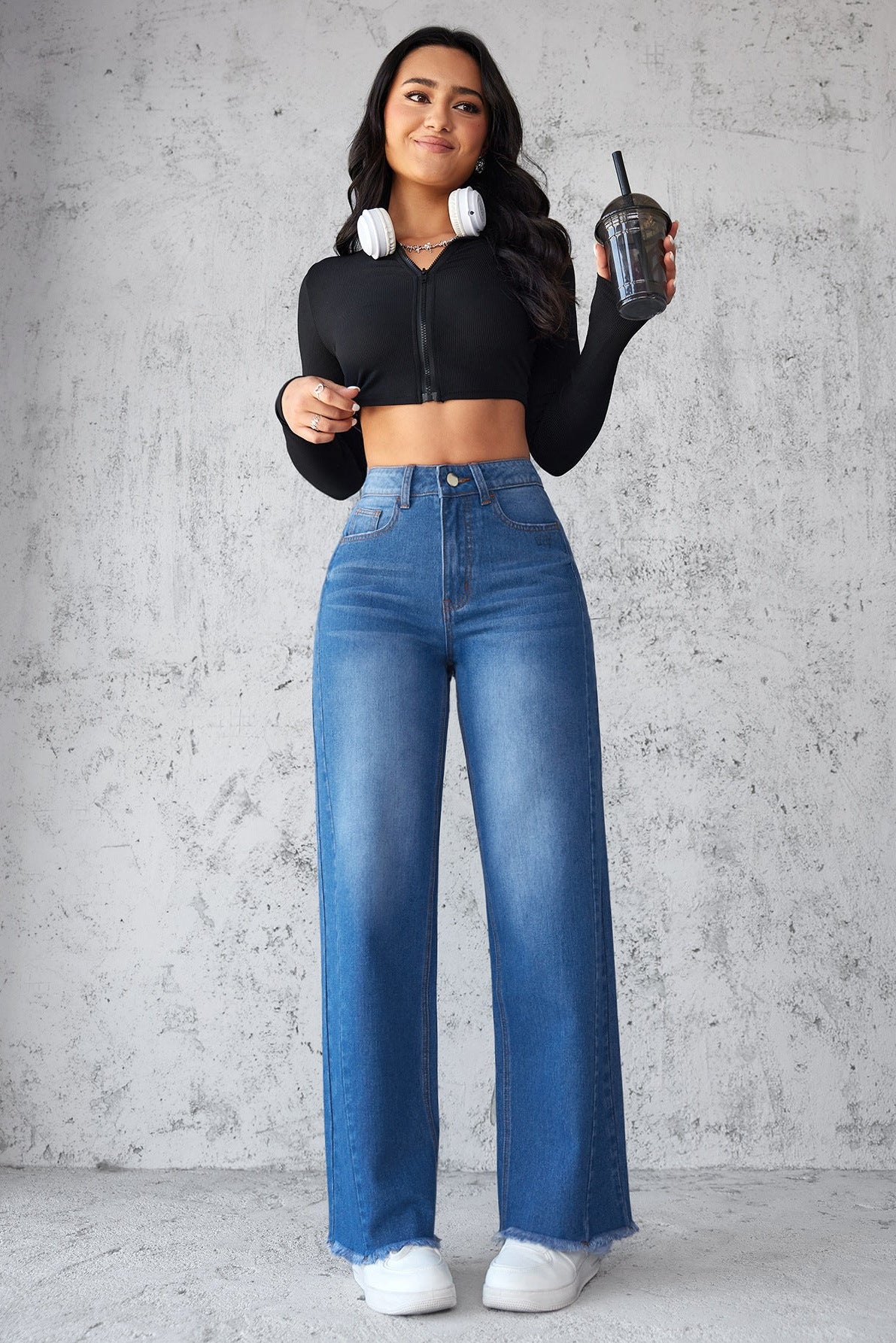 High Waist Wide-Leg Denim Jeans for Women – Straight Fit, Frayed Hem, Casual Non-Stretch Style
