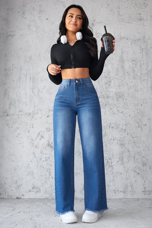 High Waist Wide-Leg Denim Jeans for Women – Straight Fit, Frayed Hem, Casual Non-Stretch Style