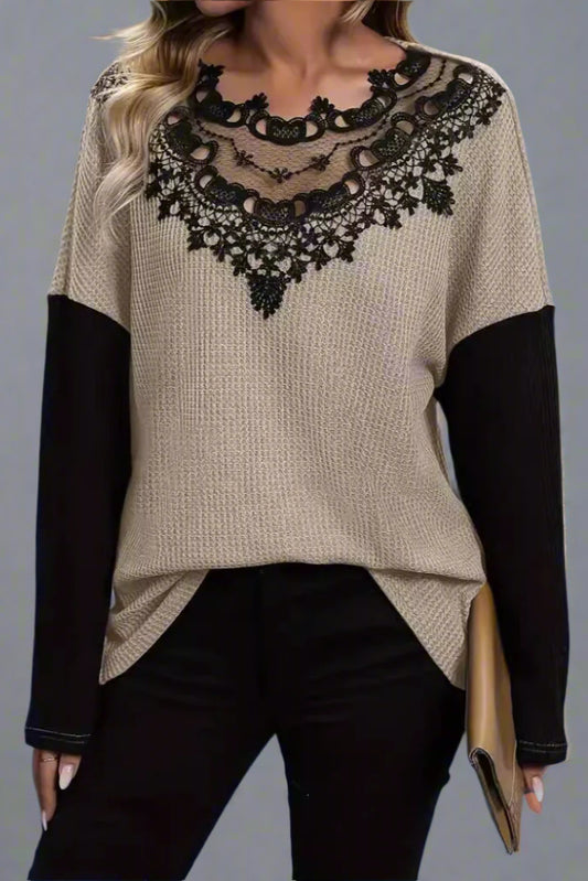 Women’s Lace Stitch Hollow Blouse – Loose Fit Elegant Long Sleeve Top