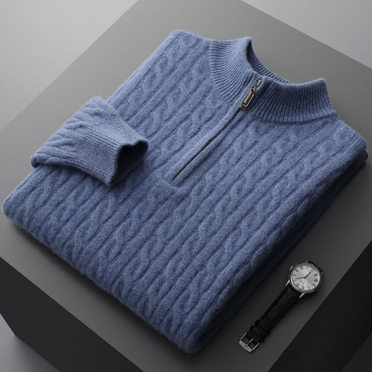 Men’s Pure Wool Half-High Collar Sweater – Thickened Loose-Fit Pullover