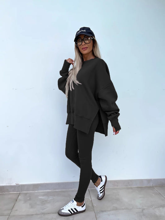 Two-Piece Lounge Set – Crew Neck Split Sweatshirt & Slim Fit Trousers
