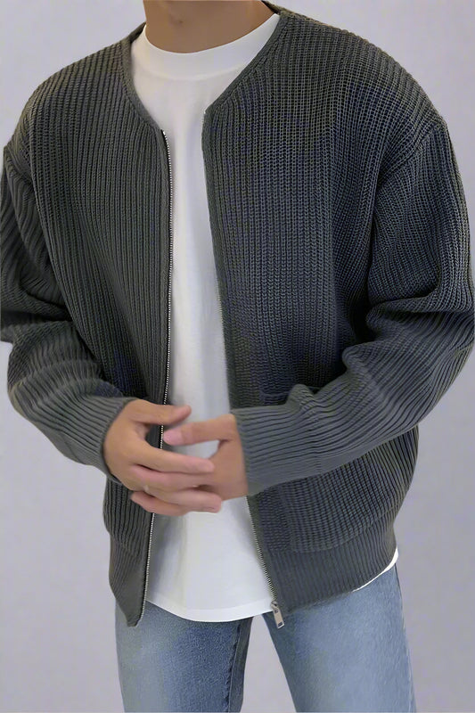 Men’s Zip-Up Knitted Cardigan with Pockets – Soft Funnel Neck Sweater for All Seasons