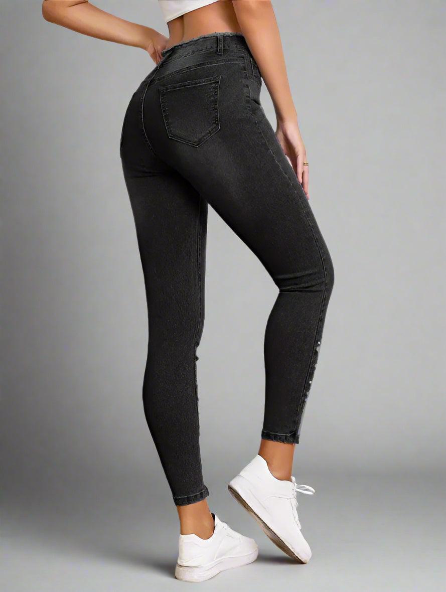 High-Waist Pearl-Embellished Ripped Skinny Jeans