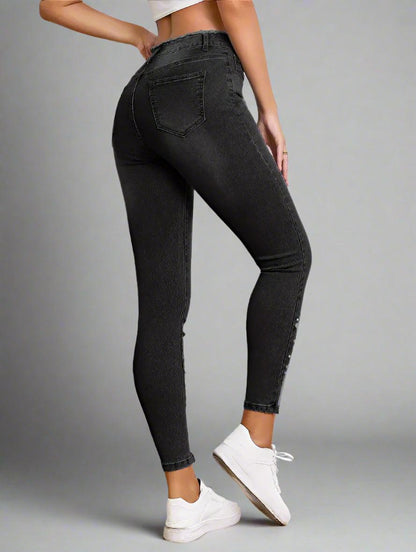 High-Waist Pearl-Embellished Ripped Skinny Jeans