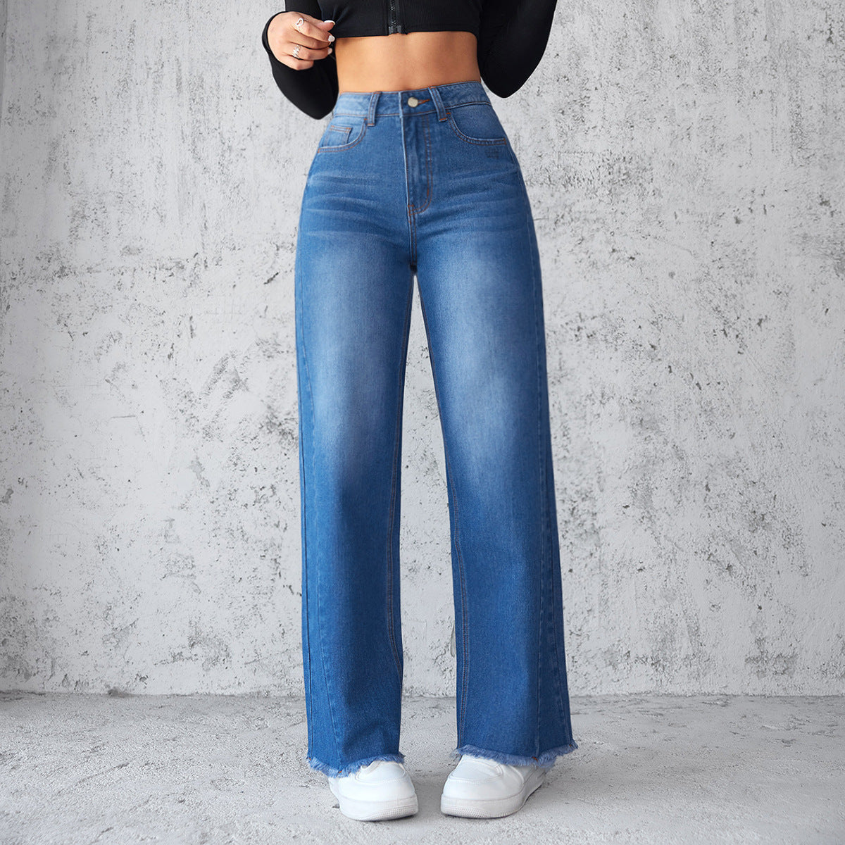 High Waist Wide-Leg Denim Jeans for Women – Straight Fit, Frayed Hem, Casual Non-Stretch Style
