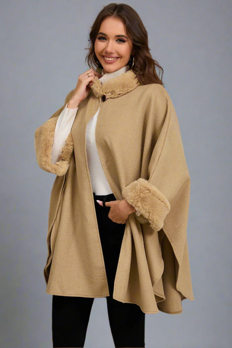 Elegant Faux Fur Collar Cape – Mid-Length Outerwear for Women