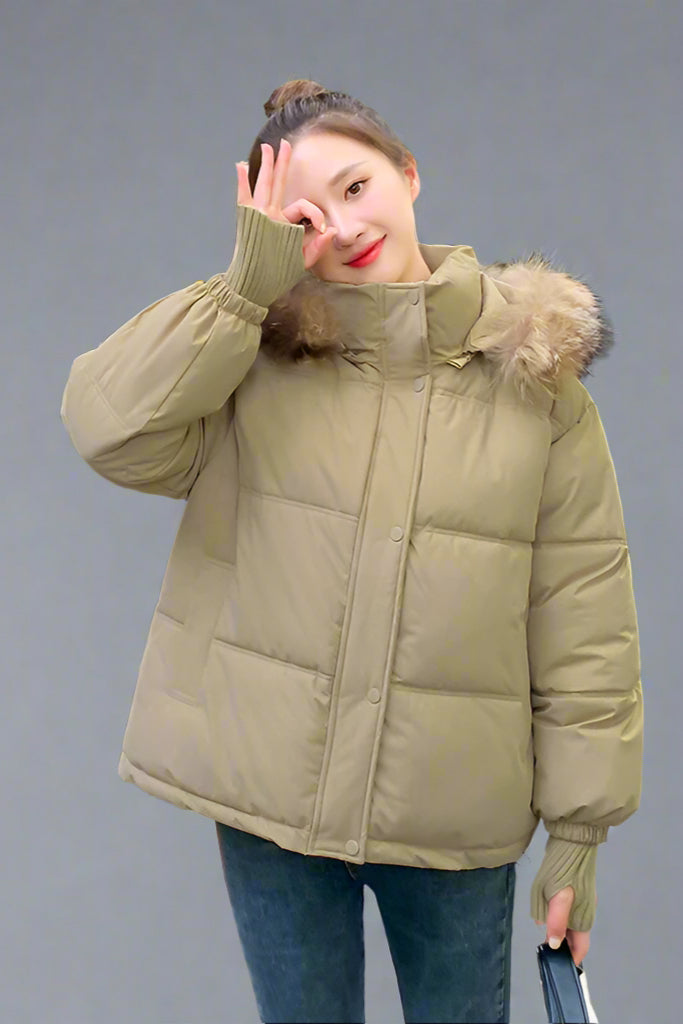 Thermal Quilted Hooded Jacket with Faux Fur Collar