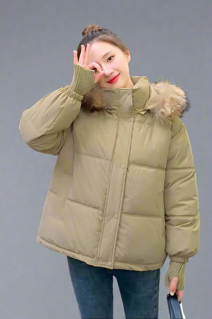 Thermal Quilted Hooded Jacket with Faux Fur Collar