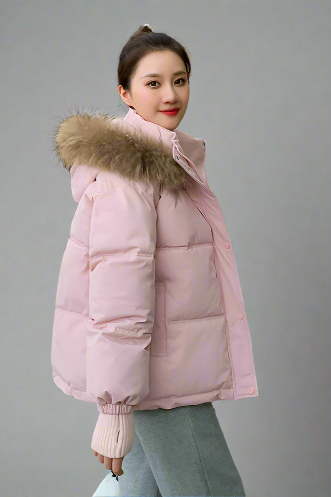 Thermal Quilted Hooded Jacket with Faux Fur Collar