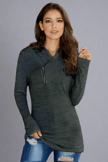 Asymmetrical Zip-Up Cowl Neck Sweater – Chic & Cozy