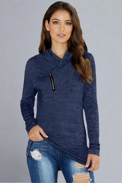 Asymmetrical Zip-Up Cowl Neck Sweater – Chic & Cozy