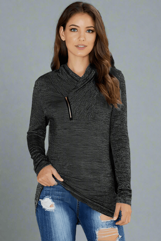 Asymmetrical Zip-Up Cowl Neck Sweater – Chic & Cozy