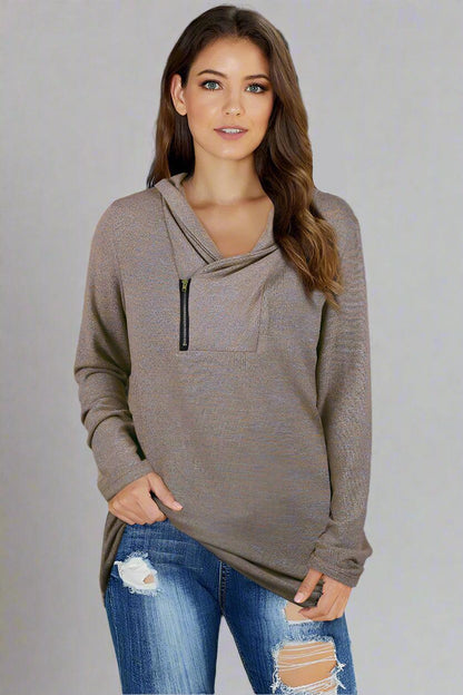 Asymmetrical Zip-Up Cowl Neck Sweater – Chic & Cozy
