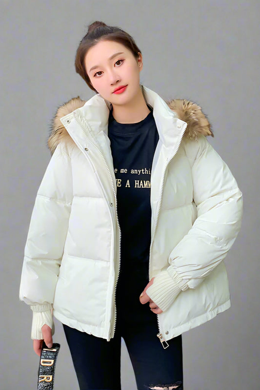 Thermal Quilted Hooded Jacket with Faux Fur Collar