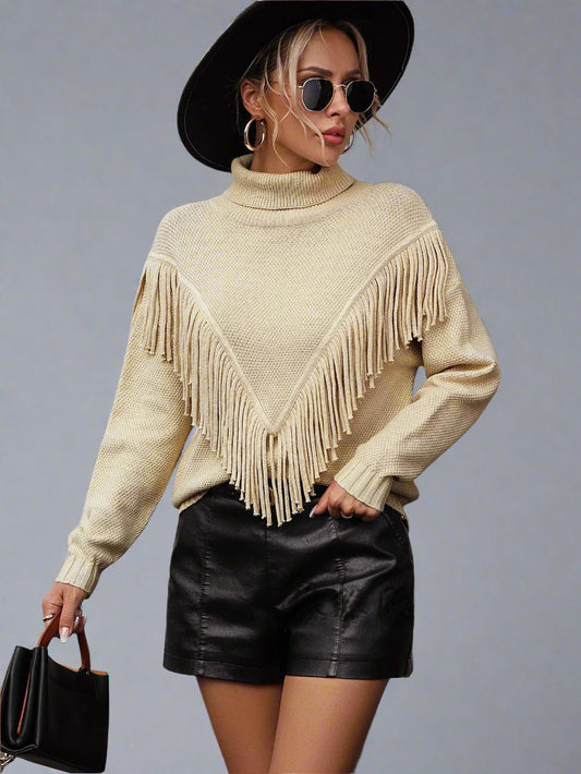 Women’s Loose-Fit Turtleneck Knit Sweater with Tassel Detailing