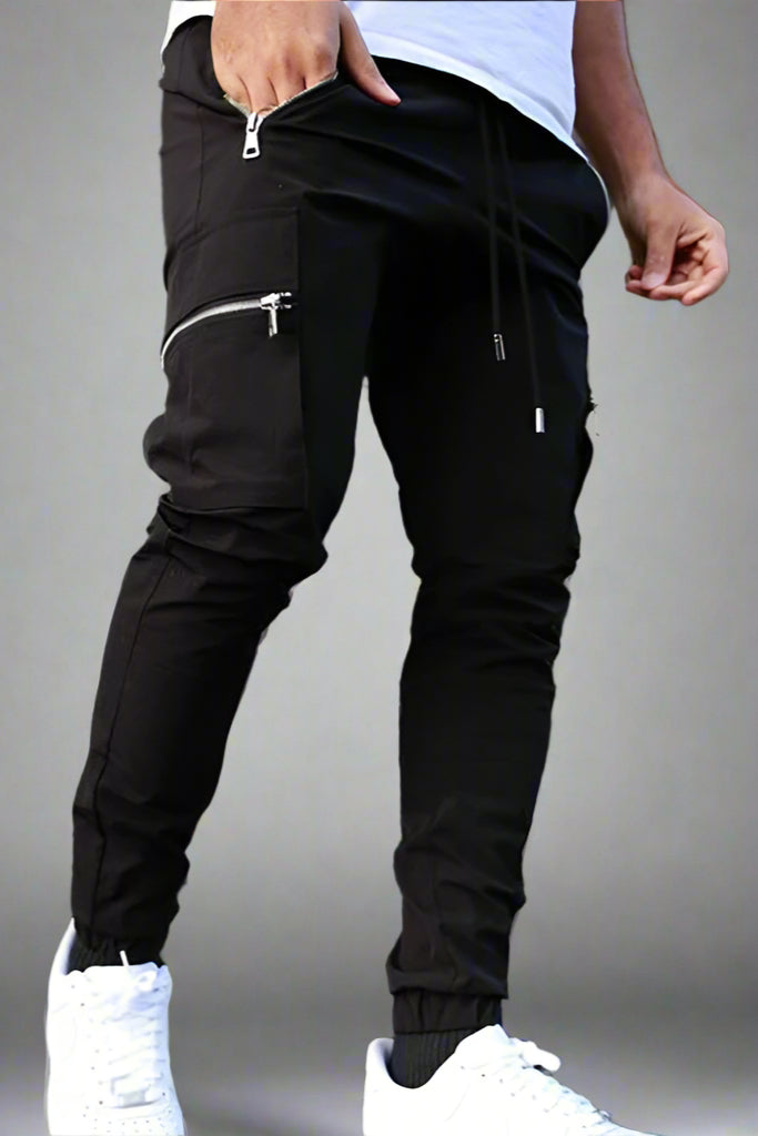 Men’s Multi-Pocket Zipper Cargo Pants – Belted Tapered Overalls