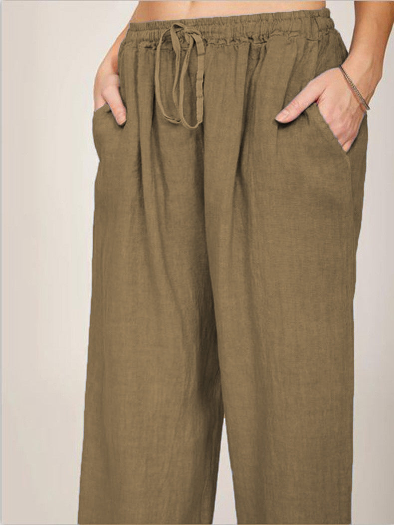 Women’s Summer Linen-Blend Drawstring Trousers with Pockets