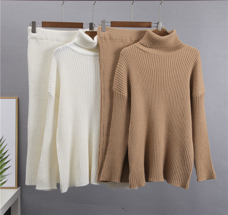 Women’s Ribbed Knit Turtleneck Sweater & Skirt Set – Elegant Two-Piece Outfit