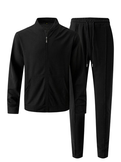 Men’s Waffle Texture Zip-Up Tracksuit – 2-Piece Casual Jacket & Pants Set
