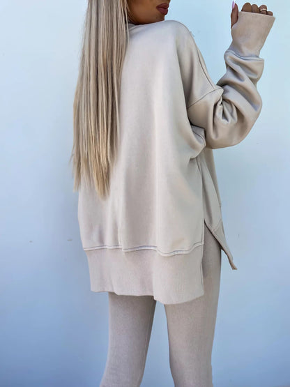 Two-Piece Lounge Set – Crew Neck Split Sweatshirt & Slim Fit Trousers