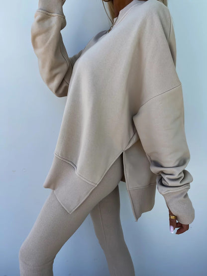 Two-Piece Lounge Set – Crew Neck Split Sweatshirt & Slim Fit Trousers
