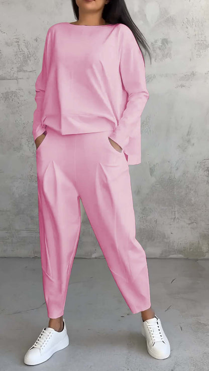 Women’s 2-Piece Lounge Set – Long Sleeve Irregular Top & Harem Pants | Casual Loose Fit Outfit with Pockets