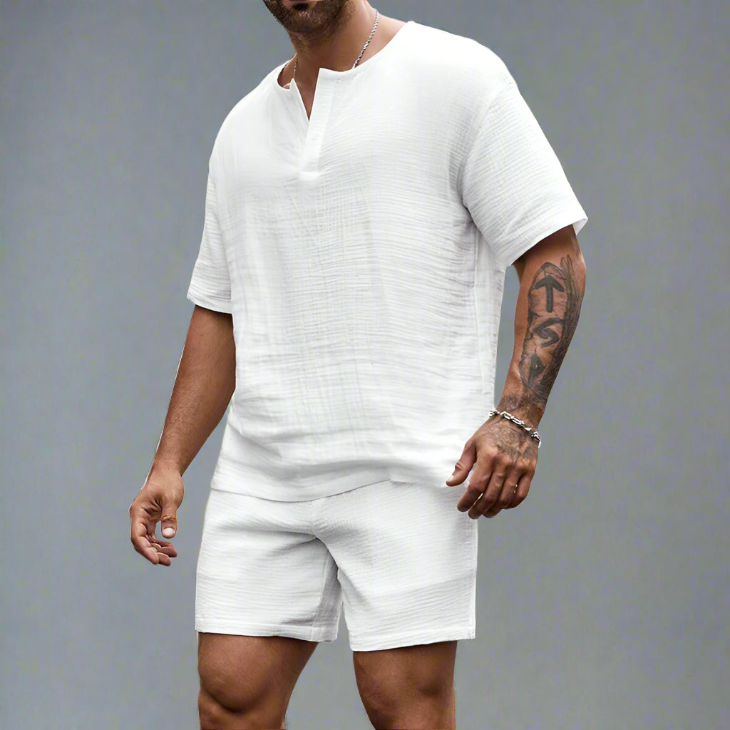 Men’s Summer V-Neck Shirt & Shorts Set – Casual Two-Piece Outfit