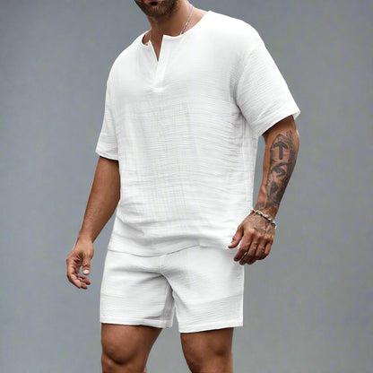 Men’s Summer V-Neck Shirt & Shorts Set – Casual Two-Piece Outfit