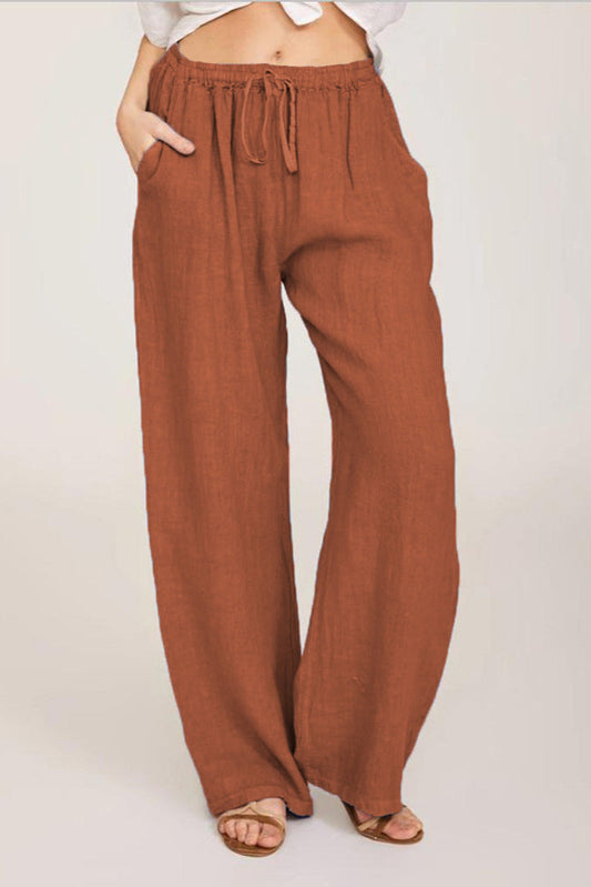 Women’s Summer Linen-Blend Drawstring Trousers with Pockets