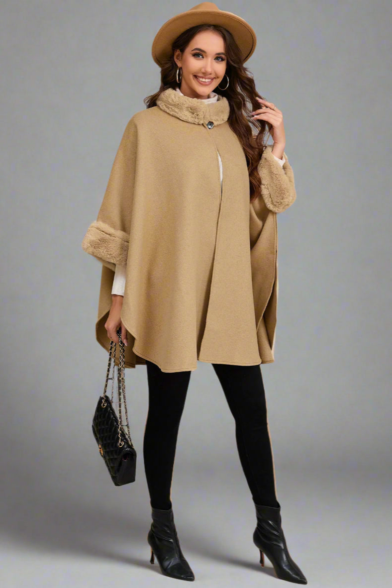 Elegant Faux Fur Collar Cape – Mid-Length Outerwear for Women