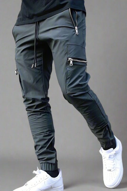 Men’s Multi-Pocket Zipper Cargo Pants – Belted Tapered Overalls