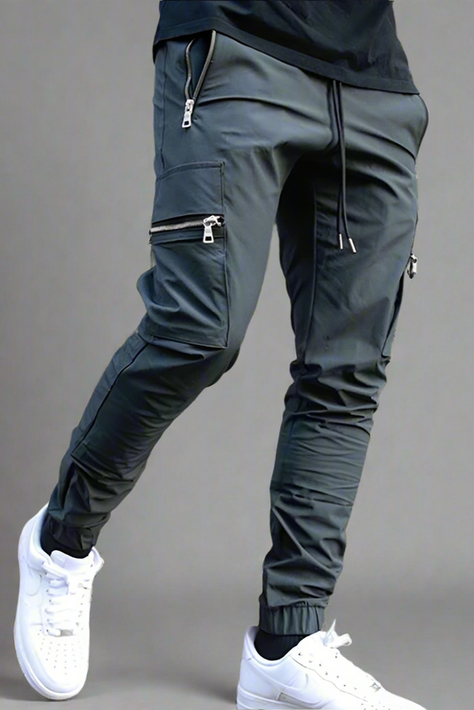 Men’s Multi-Pocket Zipper Cargo Pants – Belted Tapered Overalls