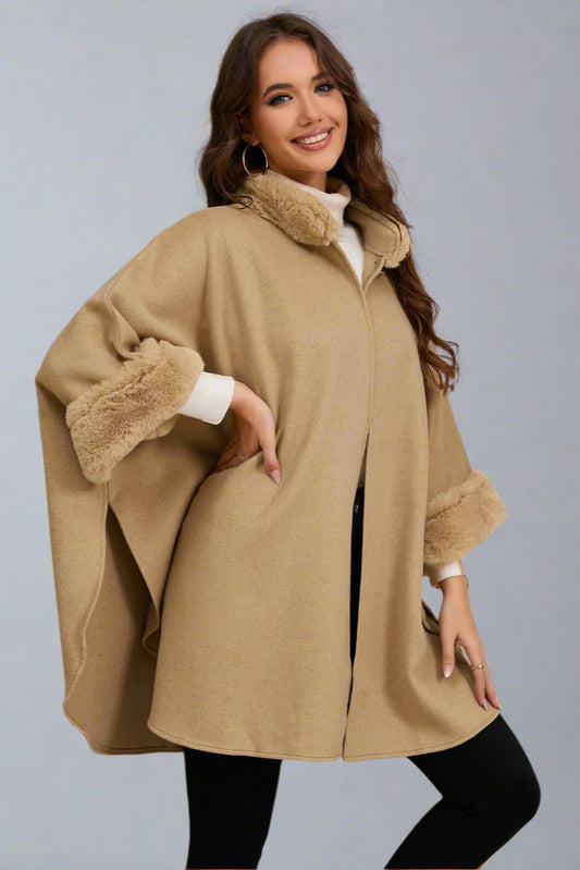 Elegant Faux Fur Collar Cape – Mid-Length Outerwear for Women