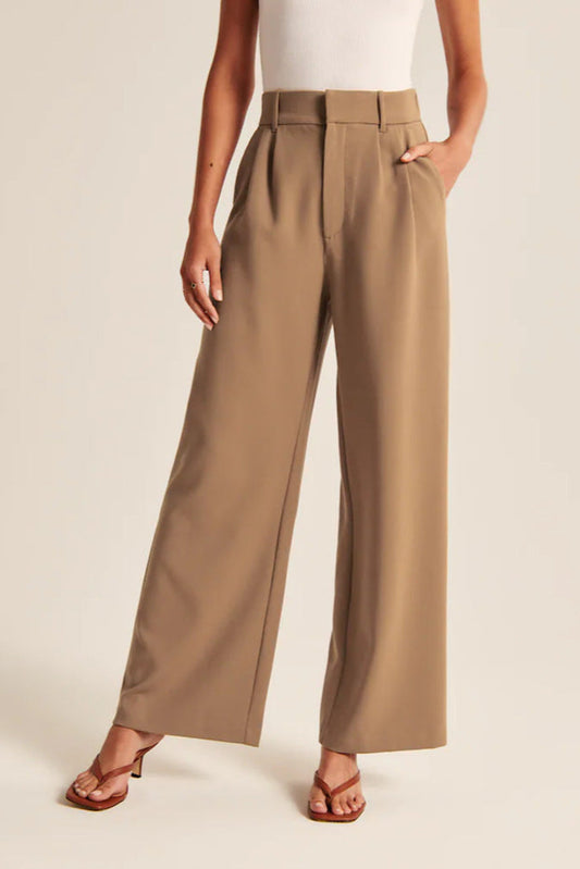 Women’s High Waist Wide-Leg Trousers with Pockets – Elegant Straight-Cut Casual Pants
