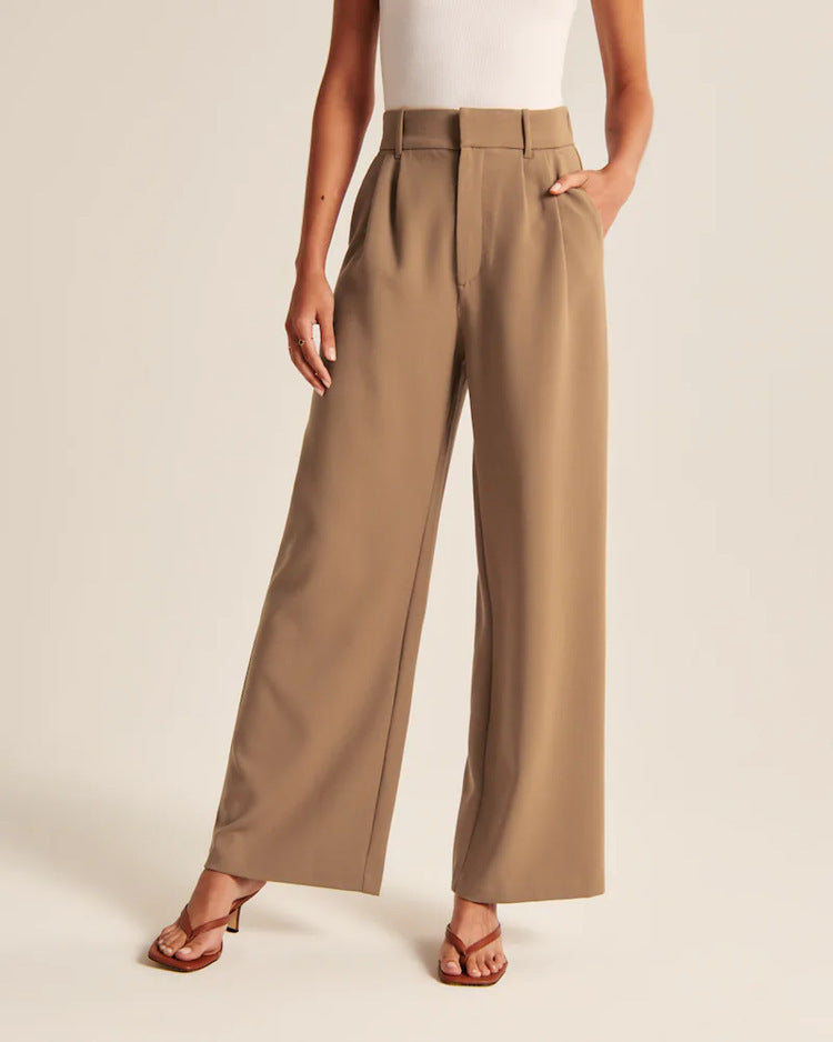 Women’s High Waist Wide-Leg Trousers with Pockets – Elegant Straight-Cut Casual Pants