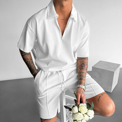 Men’s Summer Polo Zip-Up Shirt & Drawstring Shorts Set