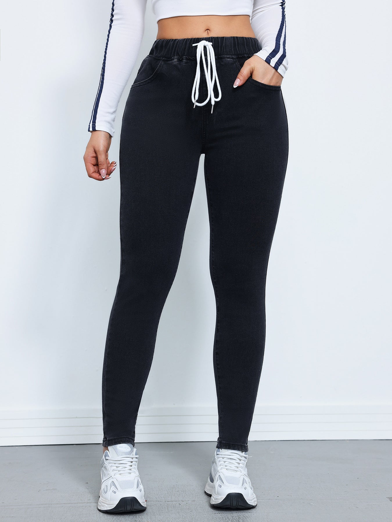 High Elastic Drawstring Skinny Denim Joggers for Women