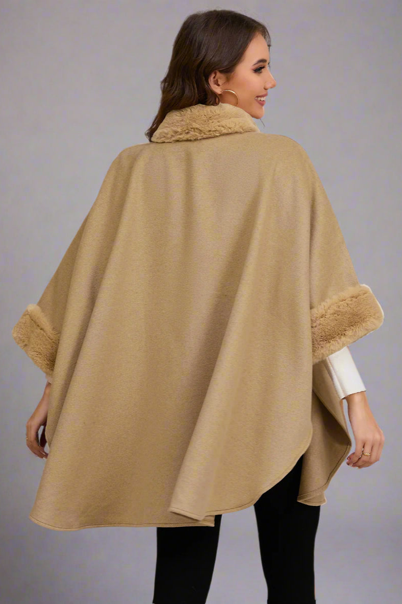 Elegant Faux Fur Collar Cape – Mid-Length Outerwear for Women