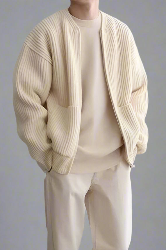 Men’s Zip-Up Knitted Cardigan with Pockets – Soft Funnel Neck Sweater for All Seasons