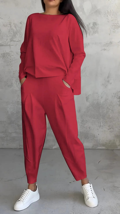 Women’s 2-Piece Lounge Set – Long Sleeve Irregular Top & Harem Pants | Casual Loose Fit Outfit with Pockets