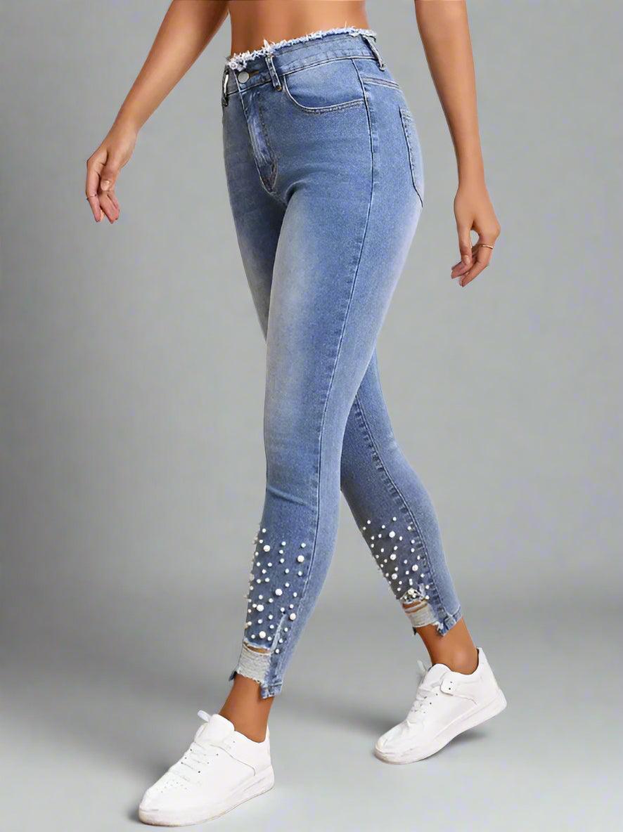 High-Waist Pearl-Embellished Ripped Skinny Jeans